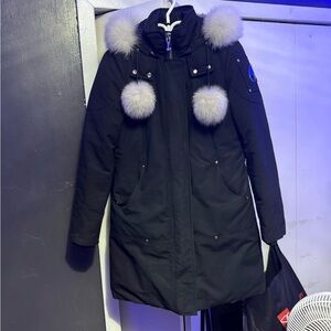 Moose Knuckles Black Coat with White Fur Accents